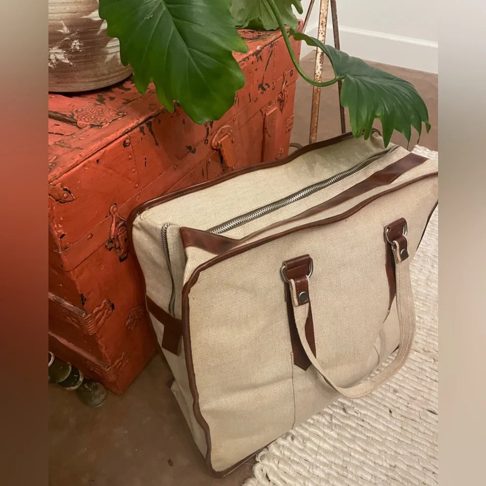 VTG Natural Canvas and Leather‎ Weekend Travel Mason Bag with Locking Zipper